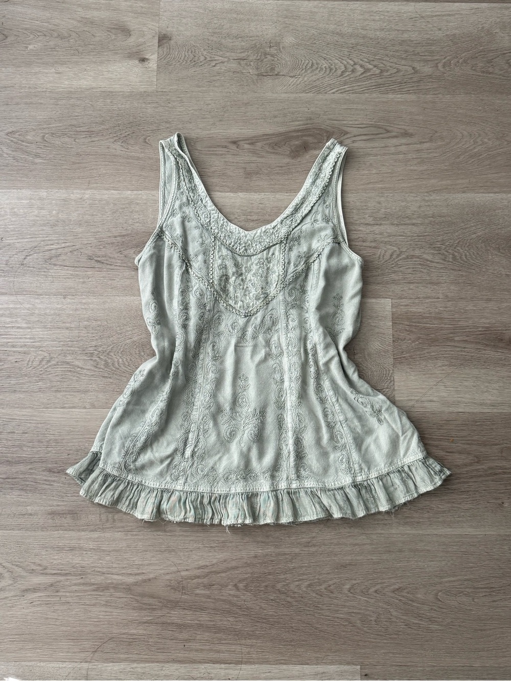 Soft Surroundings Light Sage Embroidered Ruffle Camisole